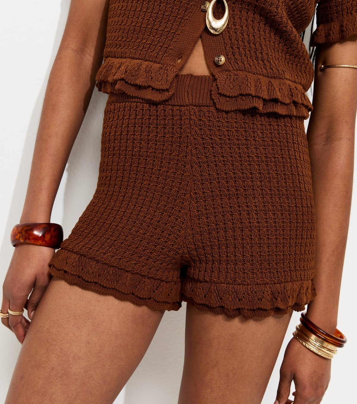 New Look Women's Brown Frilly Trim Knitted Shorts New Look - 3