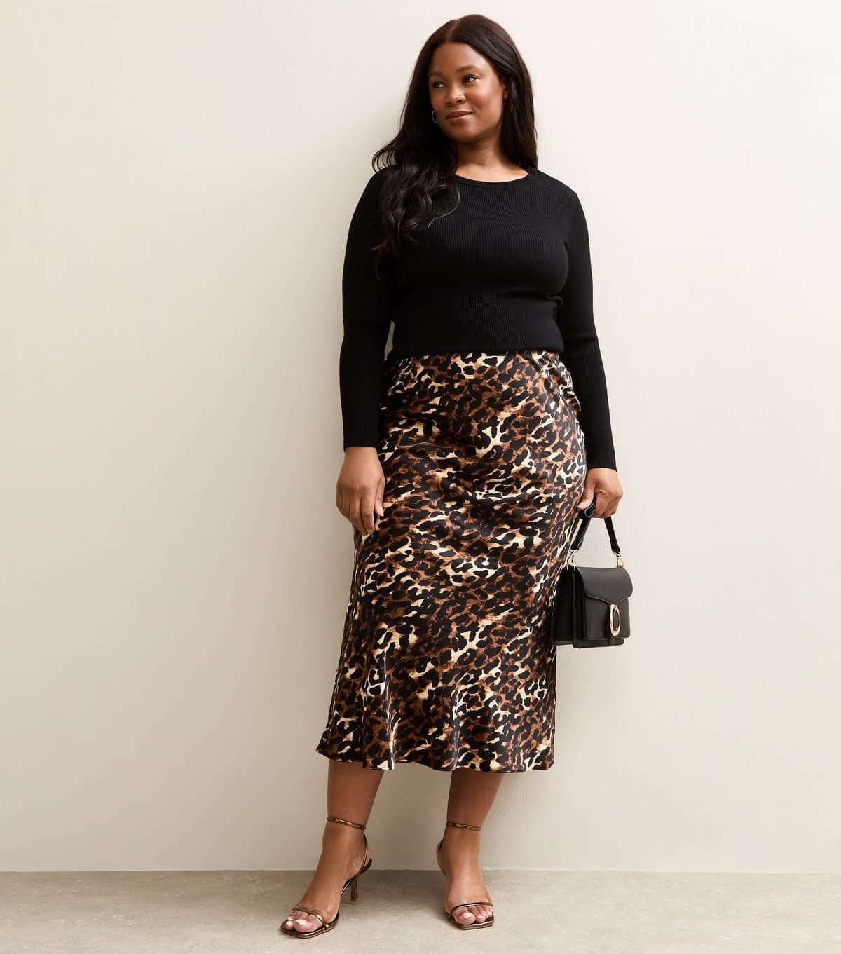 New Look Women's Plus Size Brown Animal Print Satin Midi Skirt Curves New Look