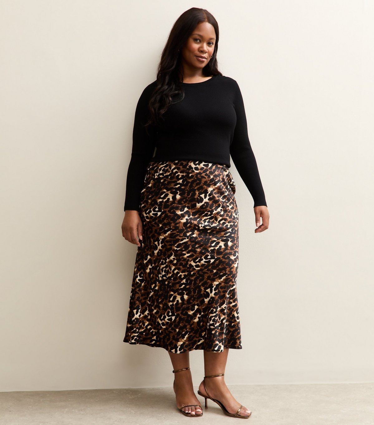 New Look Women's Plus Size Brown Animal Print Satin Midi Skirt Curves New Look - 3