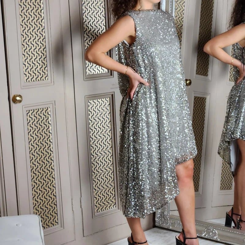 Halpern Halpern Runway Silver Sequin Draped Short Mini Dress Gown WAS £2026 FR 38 UK 10