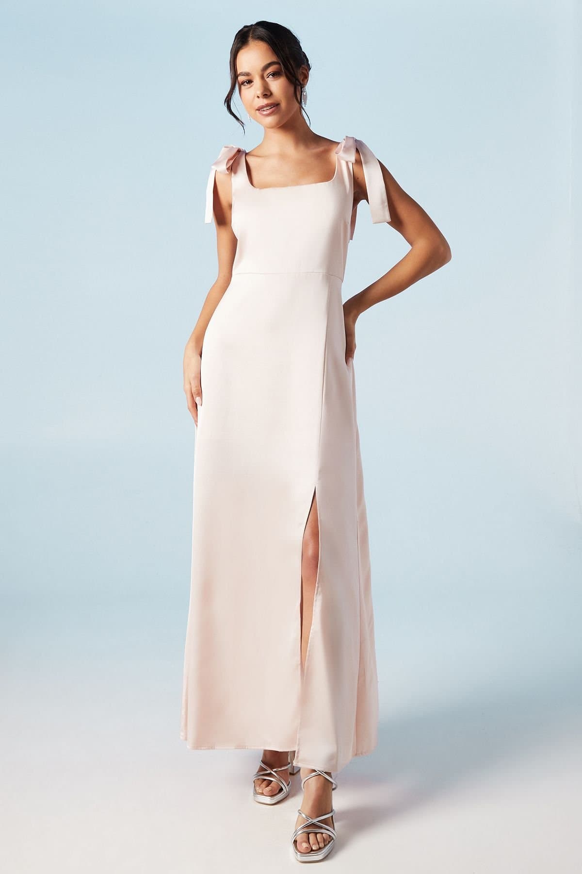 Oasis Oasis Women's Petite Satin Tie Shoulder Midi Bridesmaid Dress in Blush