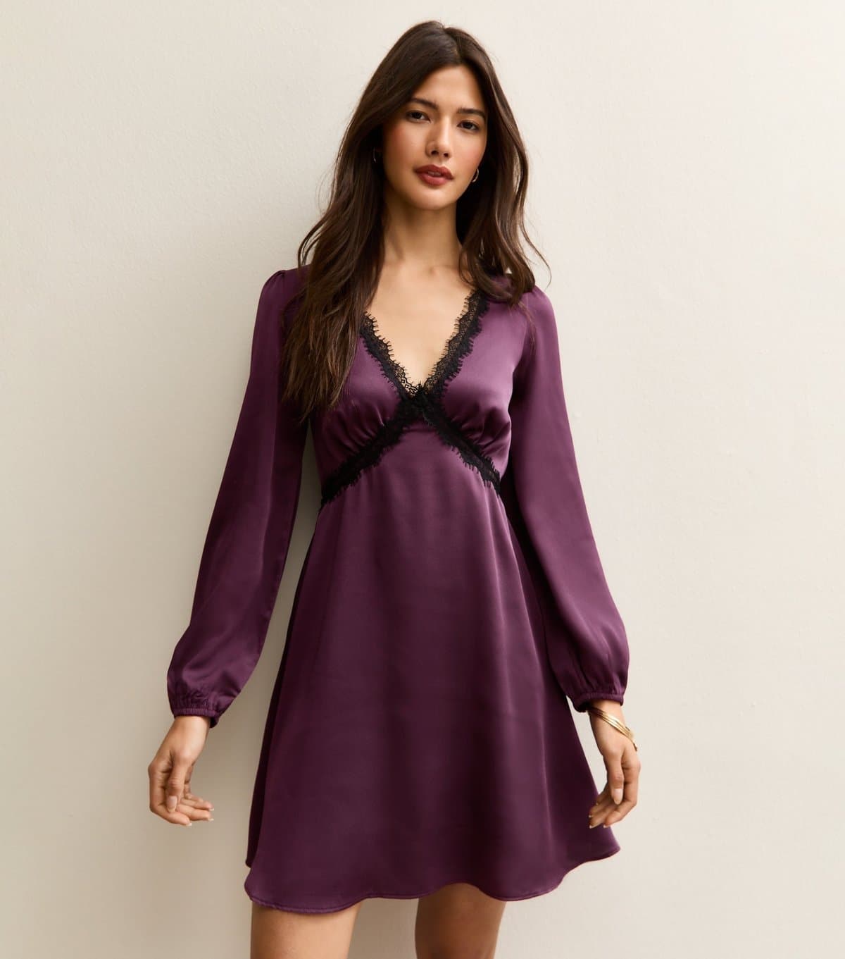 New Look Women's Dark Purple Textured Satin Lace Trim Mini Dress New Look