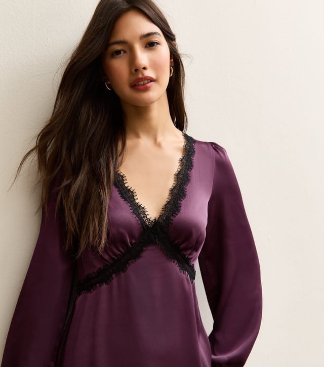 New Look Women's Dark Purple Textured Satin Lace Trim Mini Dress New Look - 2