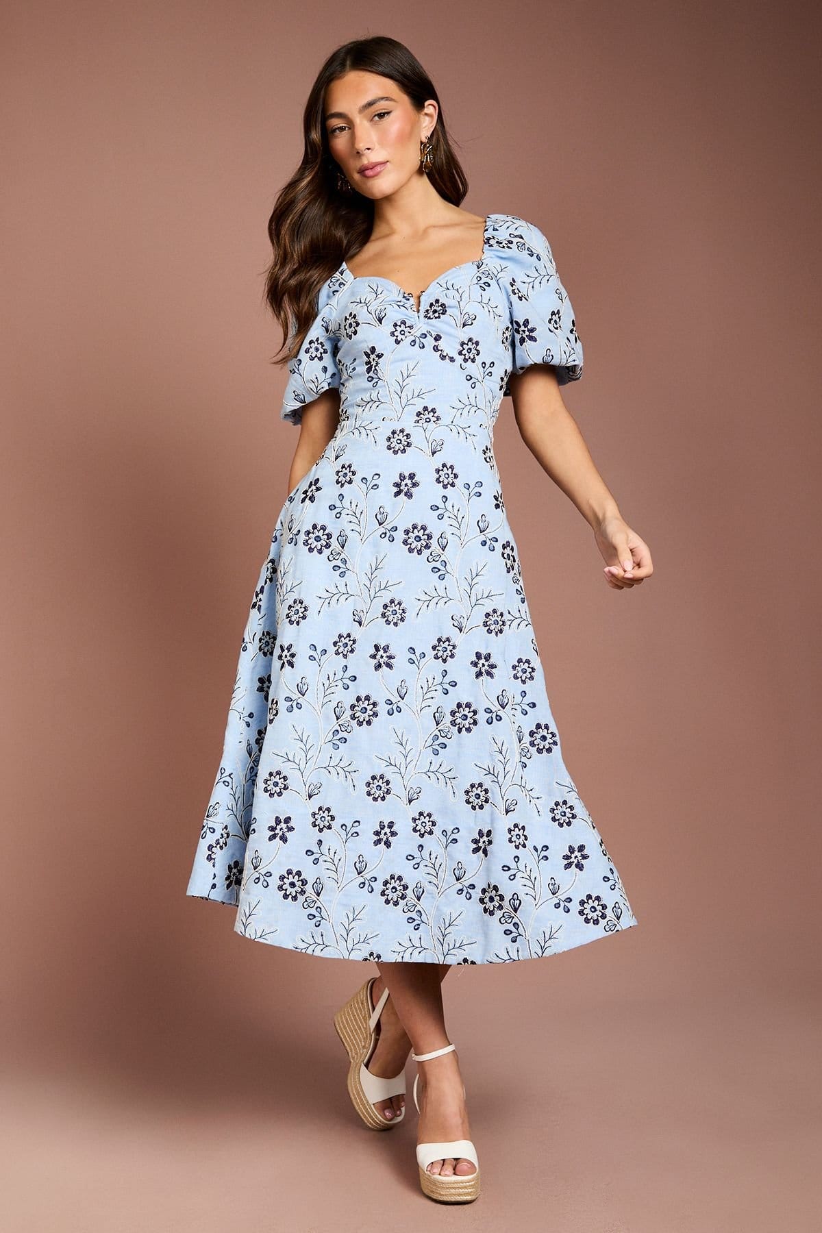 Coast Blue Embroidered Cotton Puff Sleeve Midi Dress