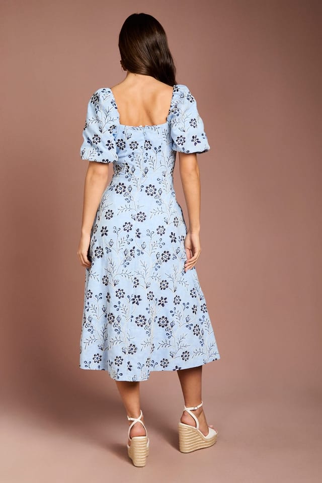 Coast Coast Women's Embroidered Cotton Puff Sleeve Midi Dress in Blue - 3
