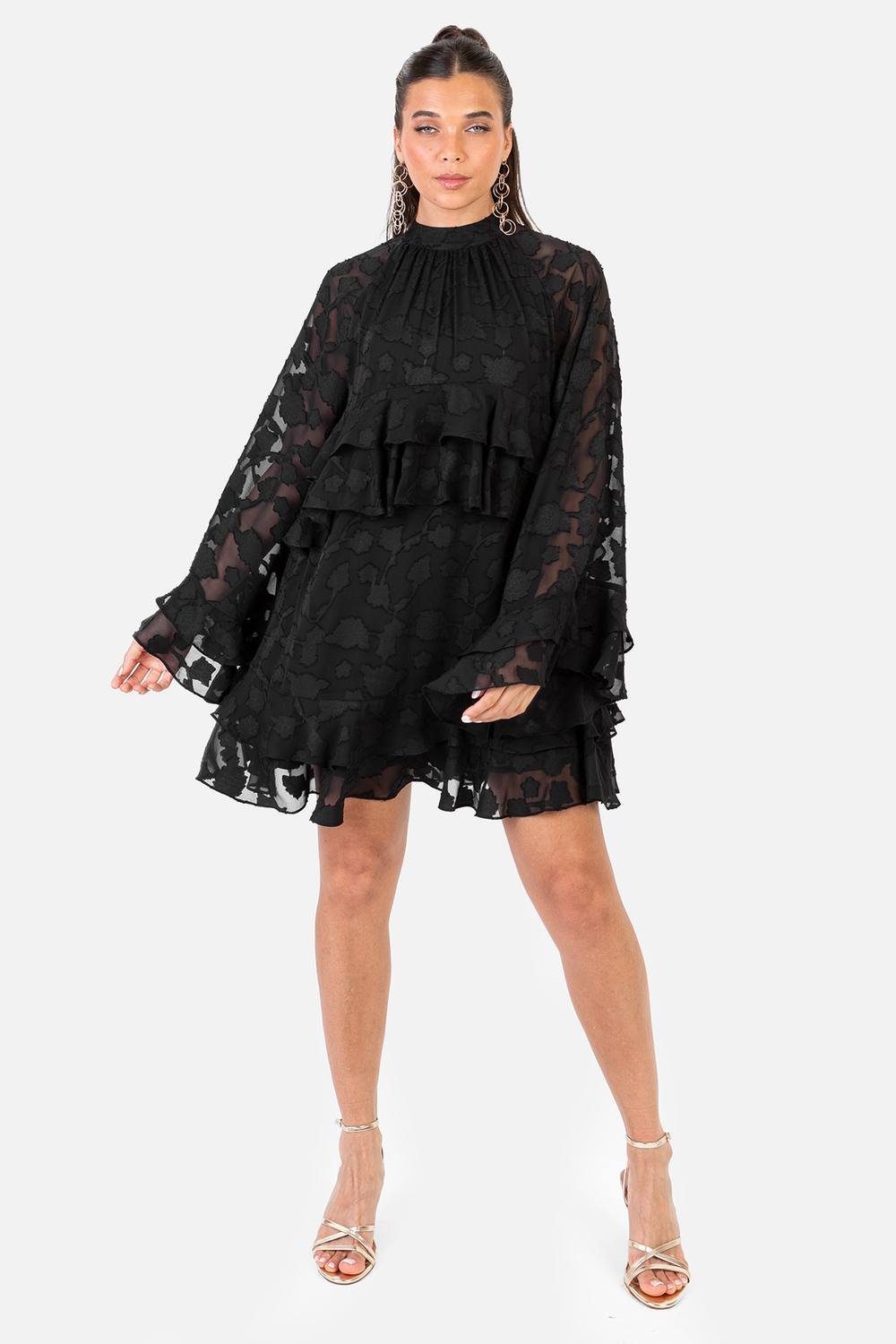 Anaya with Love Anaya with Love Women's Floral Burnout High Neck Ruffle Sleeve Shift Mini Dress in Black - 2