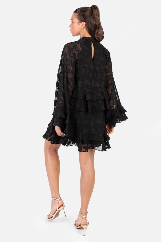 Anaya with Love Anaya with Love Women's Floral Burnout High Neck Ruffle Sleeve Shift Mini Dress in Black - 2