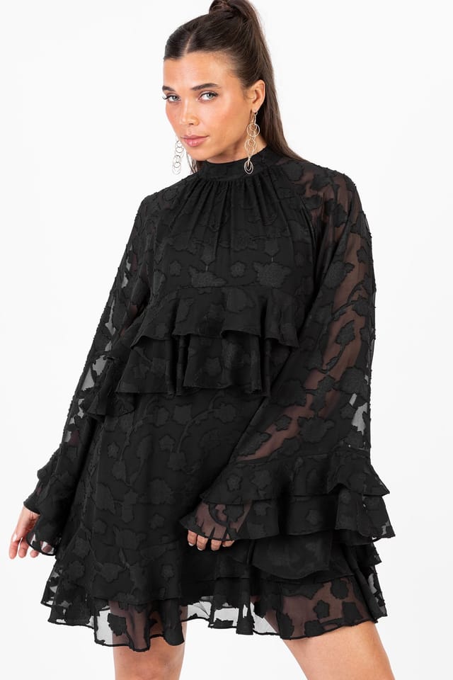 Anaya with Love Anaya with Love Women's Floral Burnout High Neck Ruffle Sleeve Shift Mini Dress in Black - 3