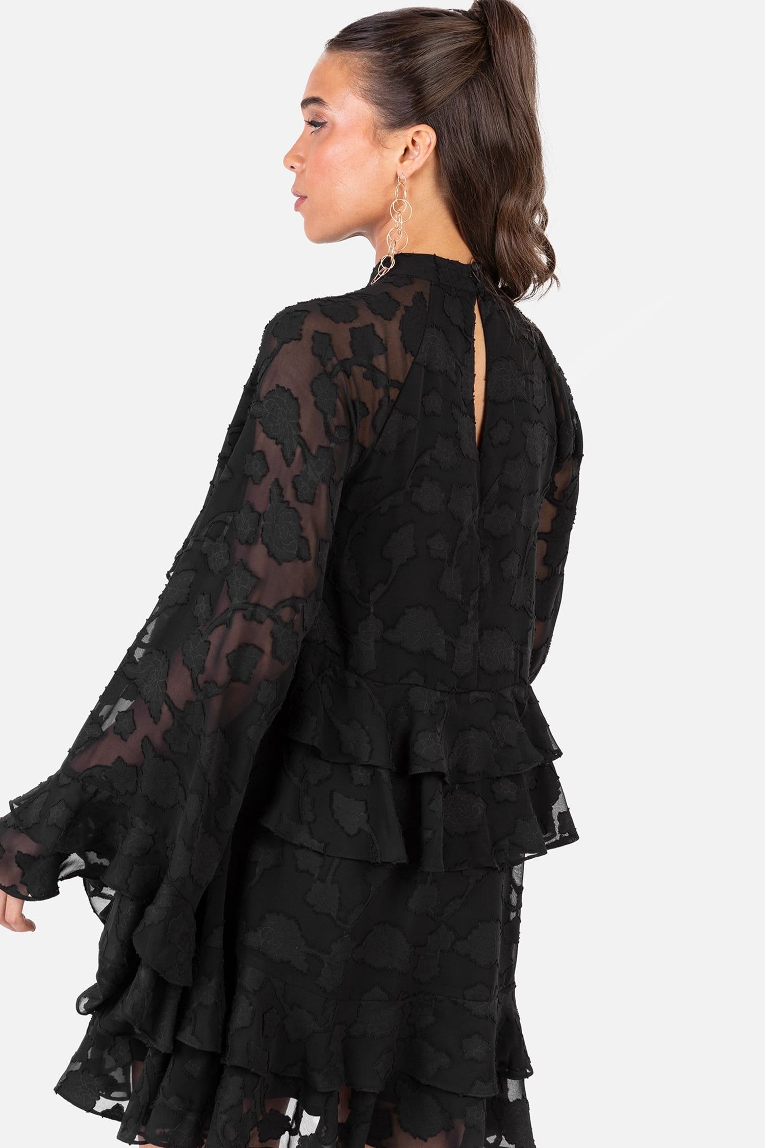 Anaya with Love Anaya with Love Women's Floral Burnout High Neck Ruffle Sleeve Shift Mini Dress in Black - 4
