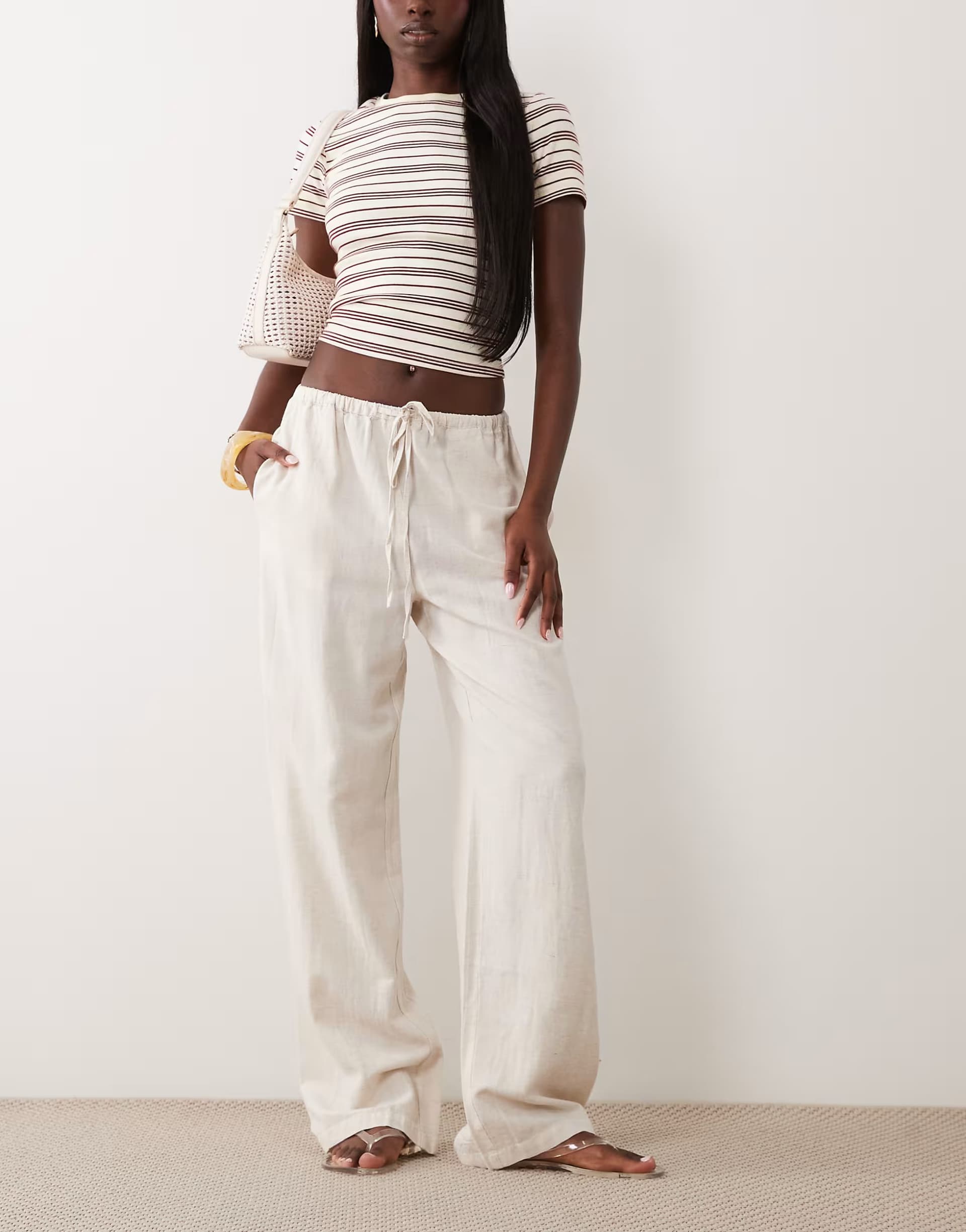 ASOS Vila linen touch tie waist wide leg trouser in super light natural melange