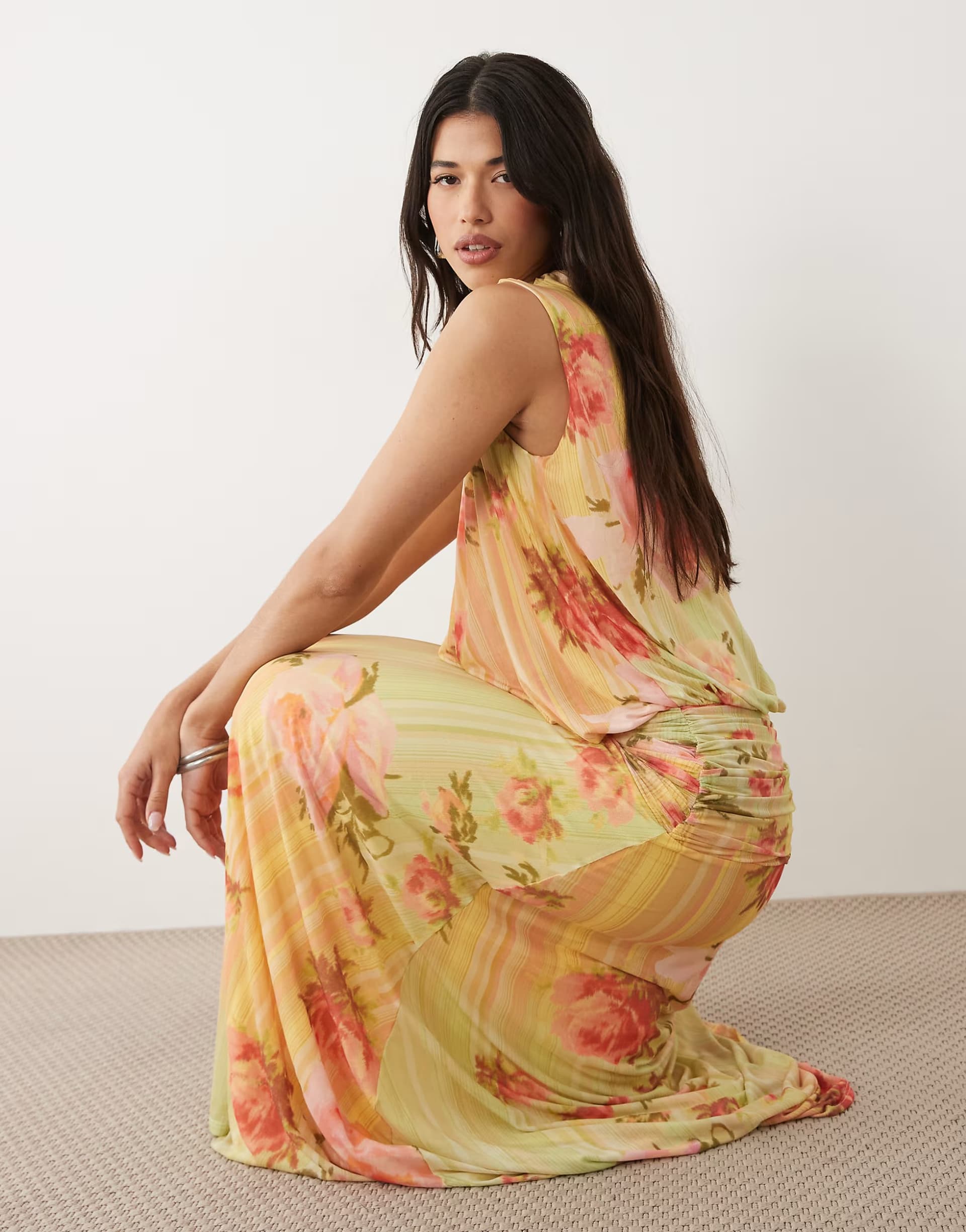 ASOS ASOS DESIGN mesh blouson maxi dress with ruched dropped waist skirt in lemon floral print