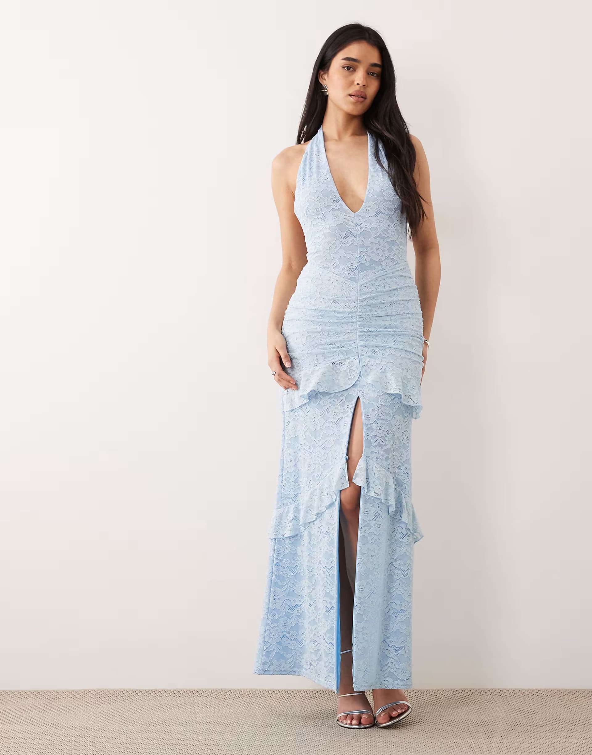 ASOS Murci lace halterneck plunge tiered ruffle skirt maxi dress in baby blue