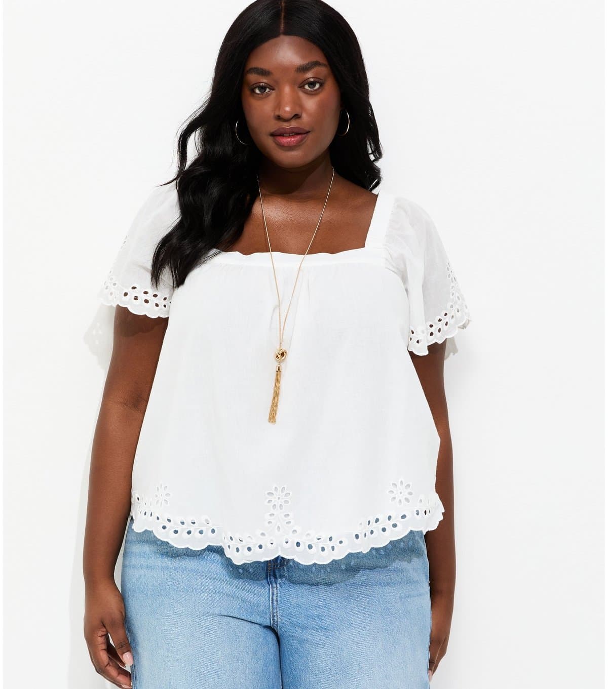 New Look Women's Plus Size White Cotton Broderie Anglaise Short Sleeve Blouse Curves New Look