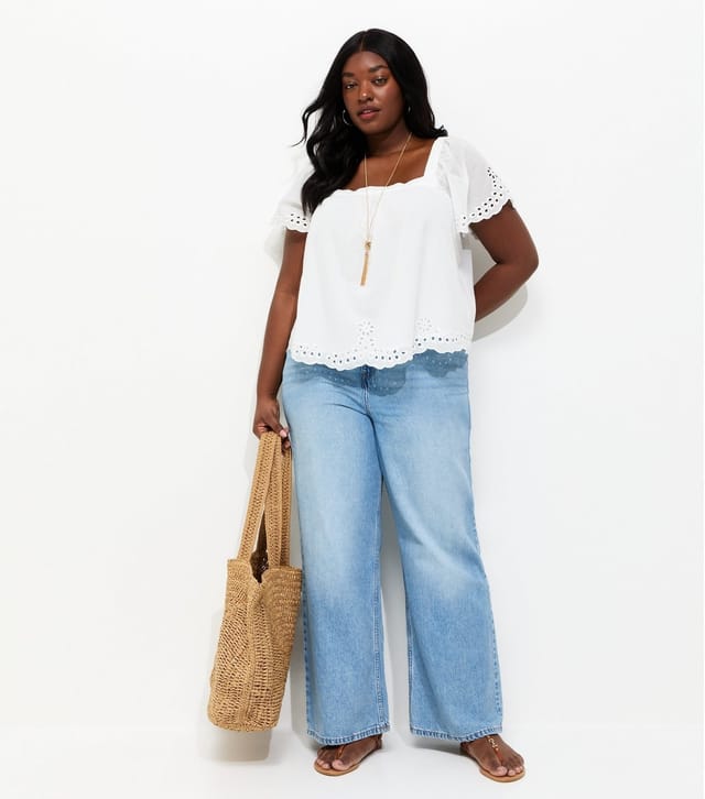 New Look Women's Plus Size White Cotton Broderie Anglaise Short Sleeve Blouse Curves New Look - 2