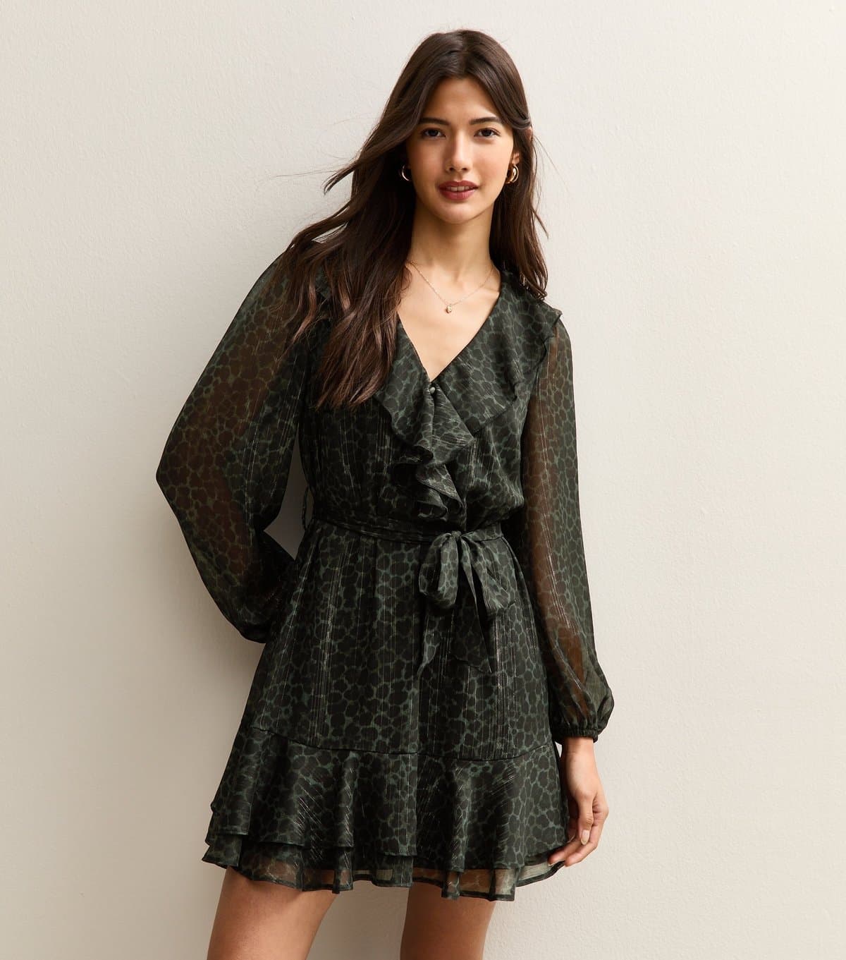 New Look Women's Green Animal Pattern Chiffon Sparkle Mini Dress New Look