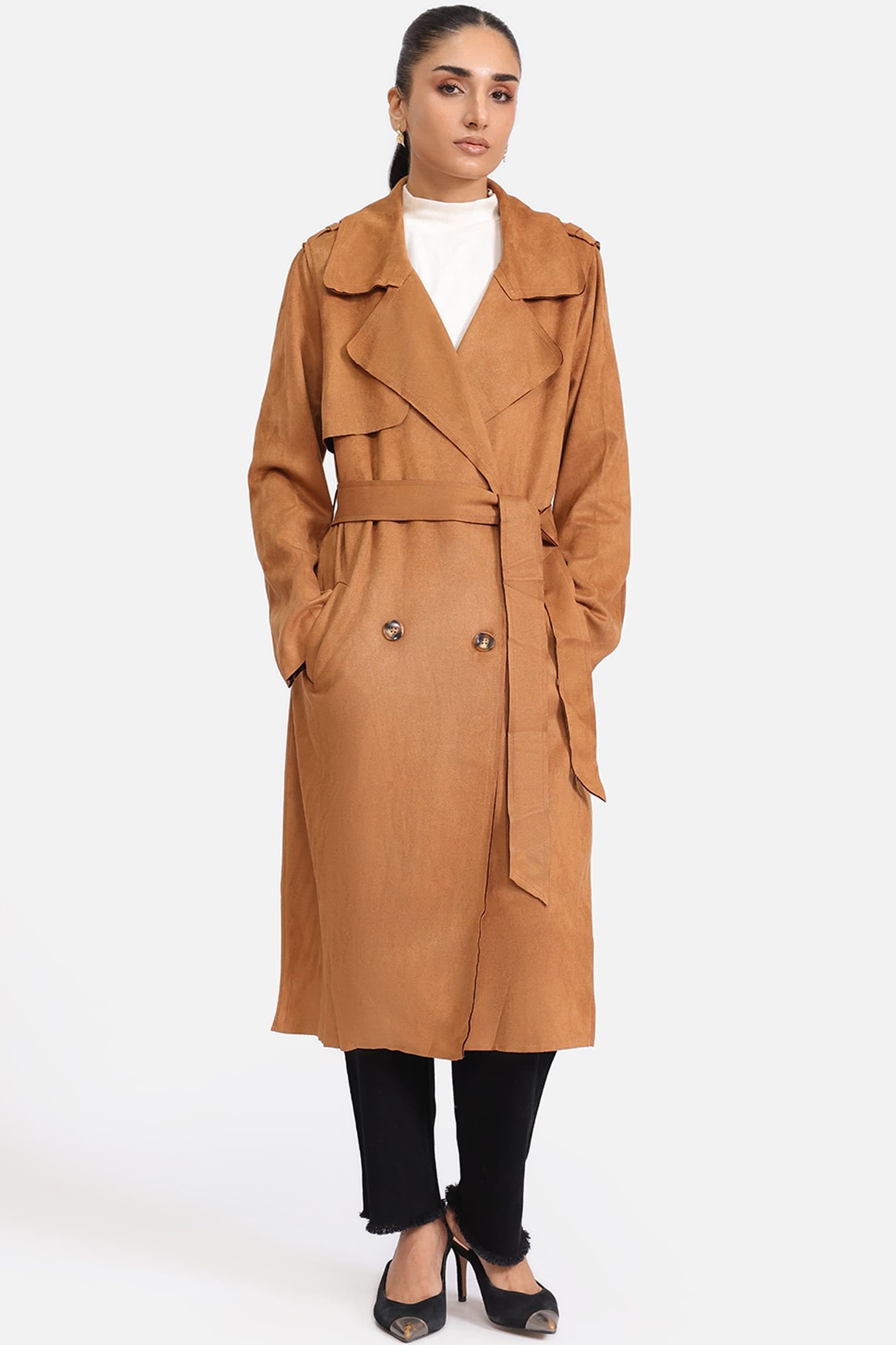 Zafosh Zafosh Women's Suede Coat - Longline Faux Suede Outerwear in Brown