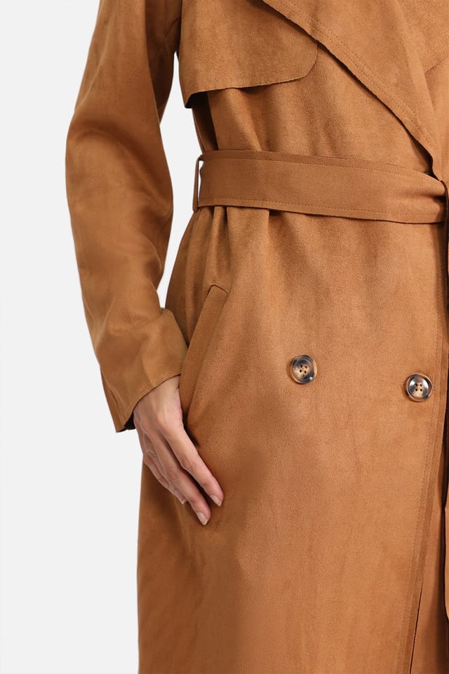 Zafosh Zafosh Women's Suede Coat - Longline Faux Suede Outerwear in Brown - 2