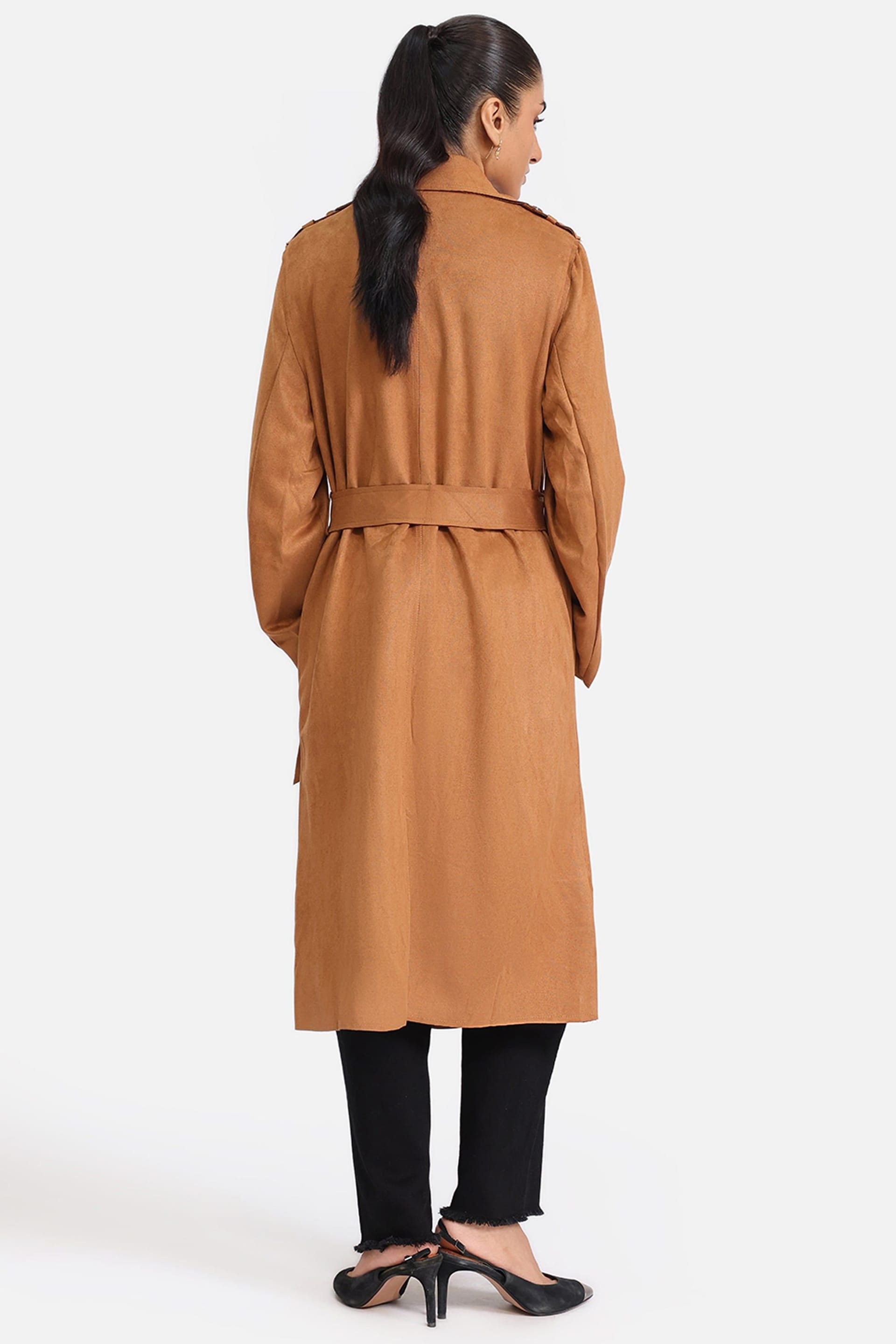Zafosh Zafosh Women's Suede Coat - Longline Faux Suede Outerwear in Brown - 4