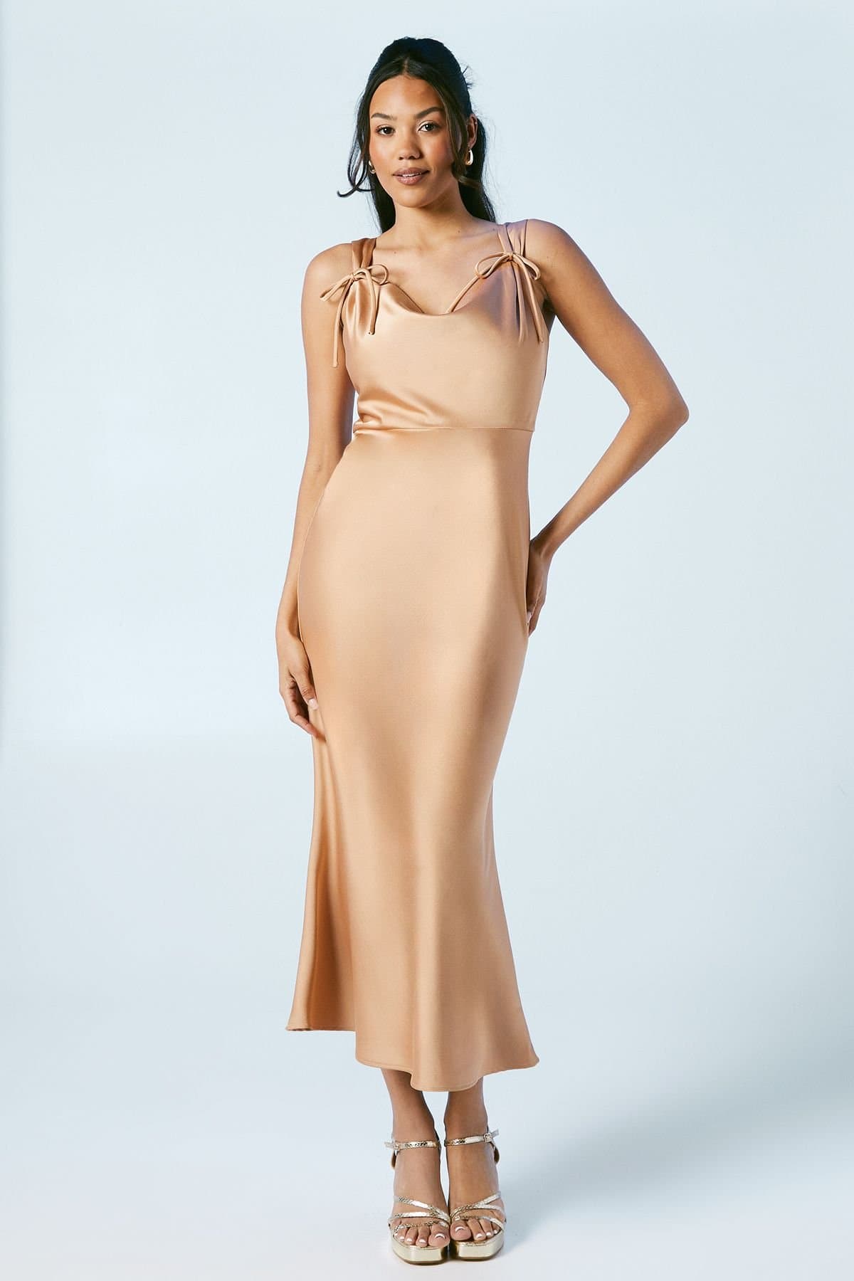 Oasis Oasis Women's Bow Strap Detail Satin Midi Bridesmaid Dress in Biscuit