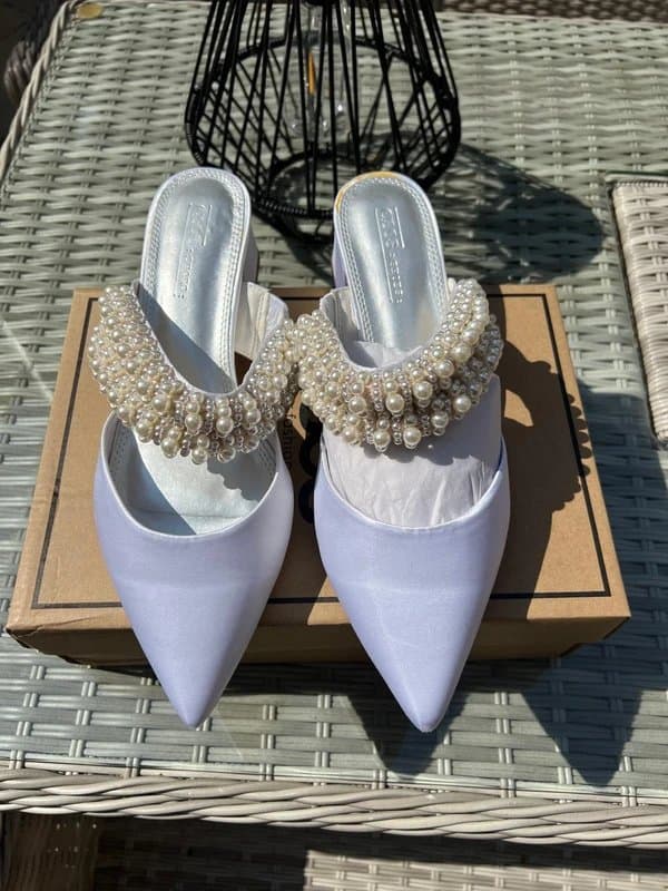 ASOS Design ASOS design wide fit pearl embellished block heel mules.