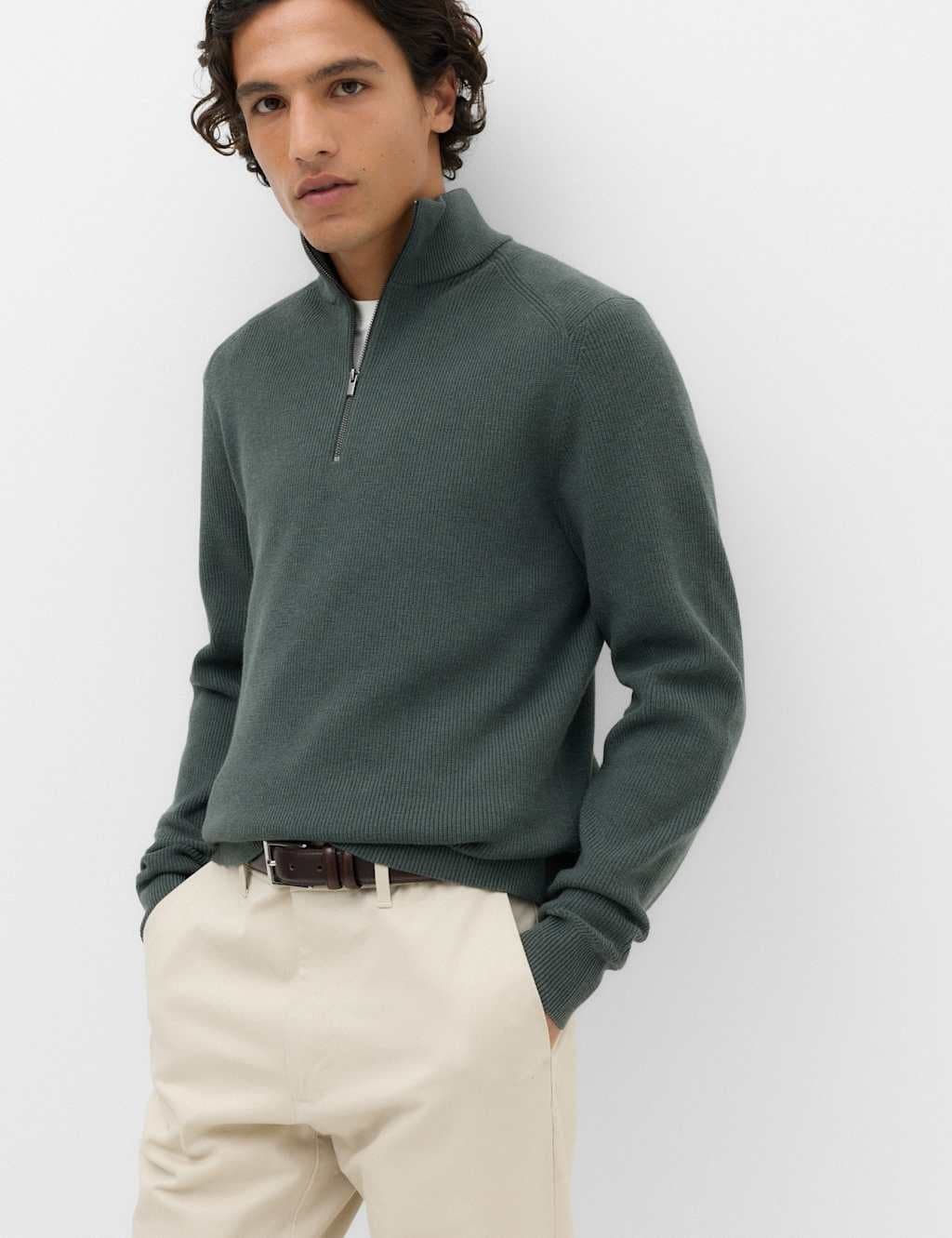 Marks & Spencer M&S Cotton Blend Ribbed Half Zip Jumper Cedar