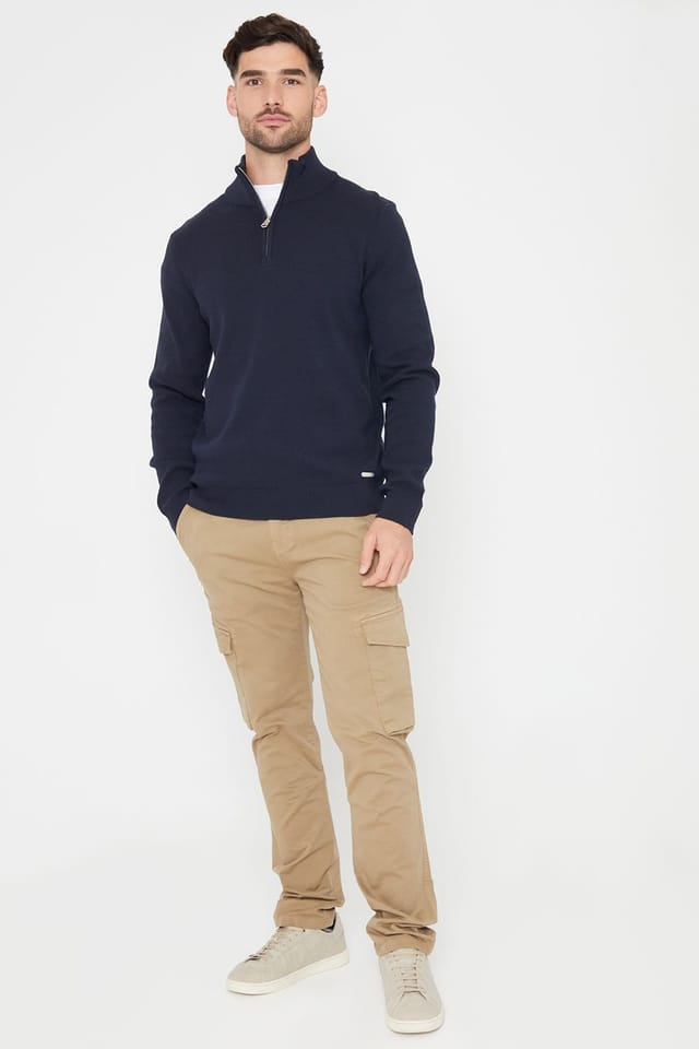 Threadbare Threadbare Men's 'Hazelbank' Cotton Blend Knitted Quarter Zip Jumper in Navy - 3