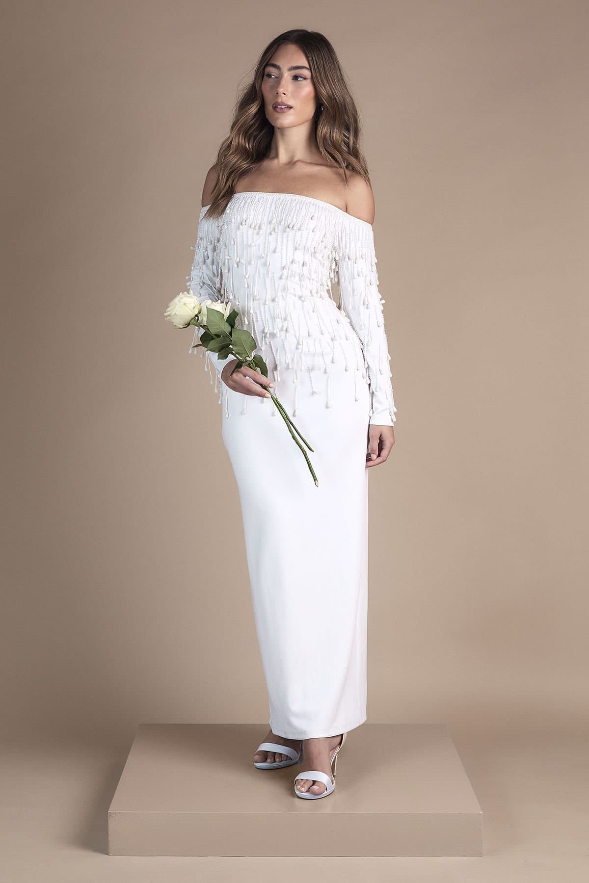 Coast Coast Women's Long Sleeve Bardot Scuba Embellished Pencil Wedding Dress in Ivory