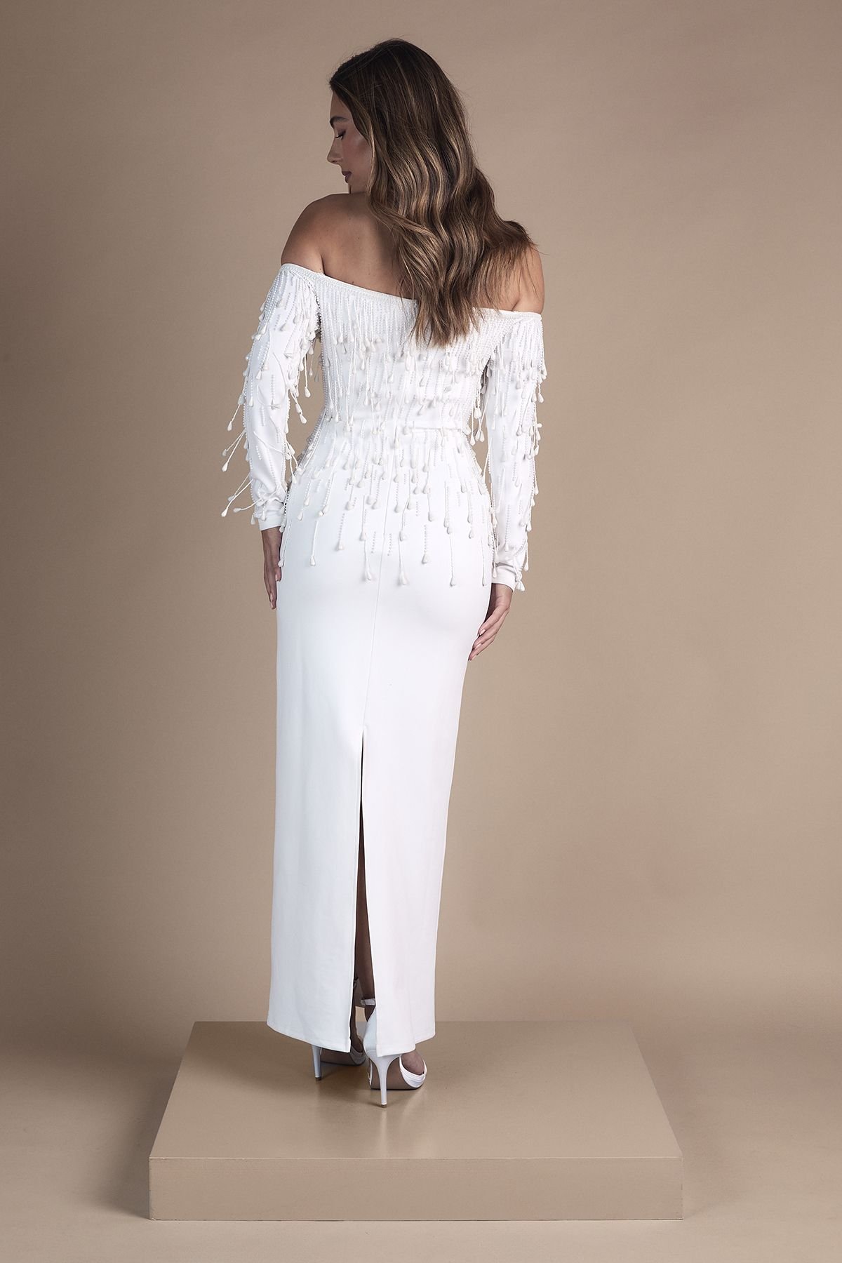 Coast Coast Women's Long Sleeve Bardot Scuba Embellished Pencil Wedding Dress in Ivory - 3