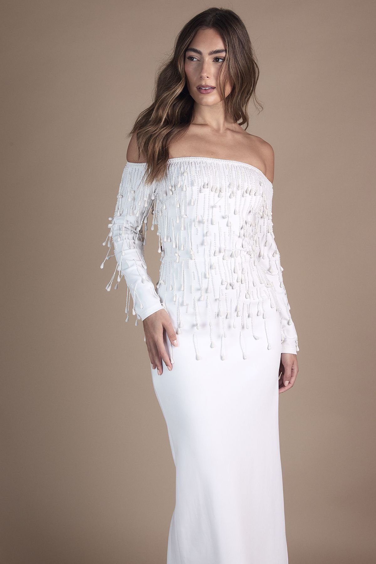 Coast Coast Women's Long Sleeve Bardot Scuba Embellished Pencil Wedding Dress in Ivory - 4