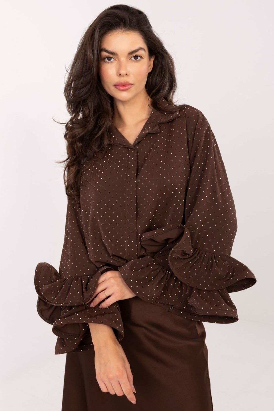 Love Lace Love Lace Women's Long Sleeve Crystal Jet Back Flounce Shirt in Brown