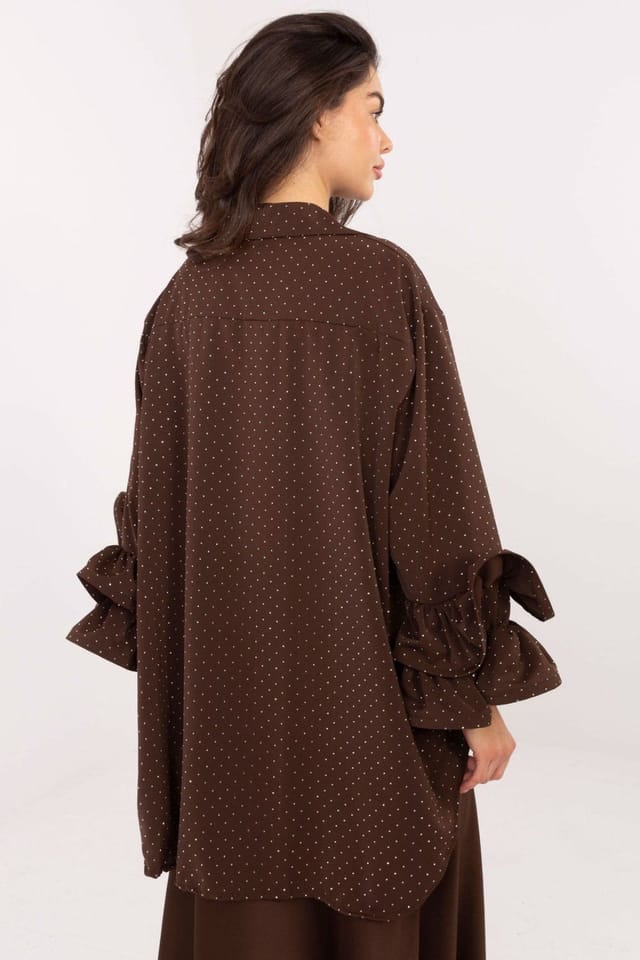 Love Lace Love Lace Women's Long Sleeve Crystal Jet Back Flounce Shirt in Brown - 3
