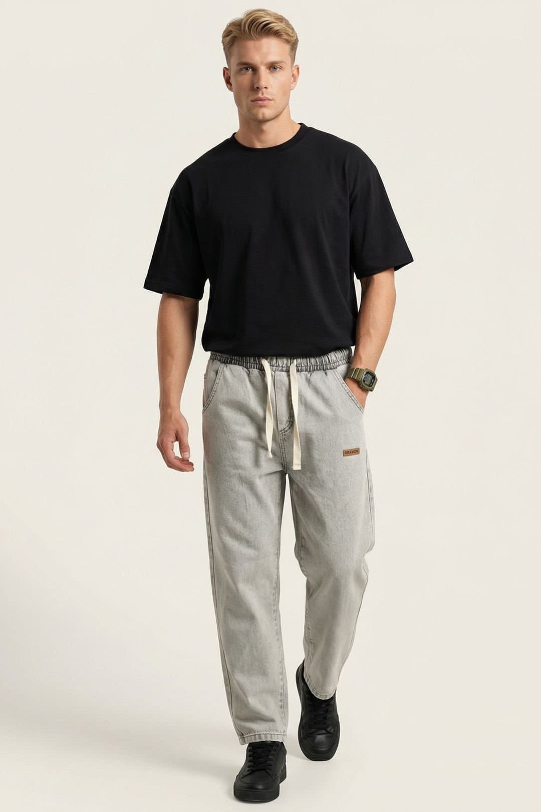 Big Dart Big Dart Men's Elastic Waist Denim Pants in Stone