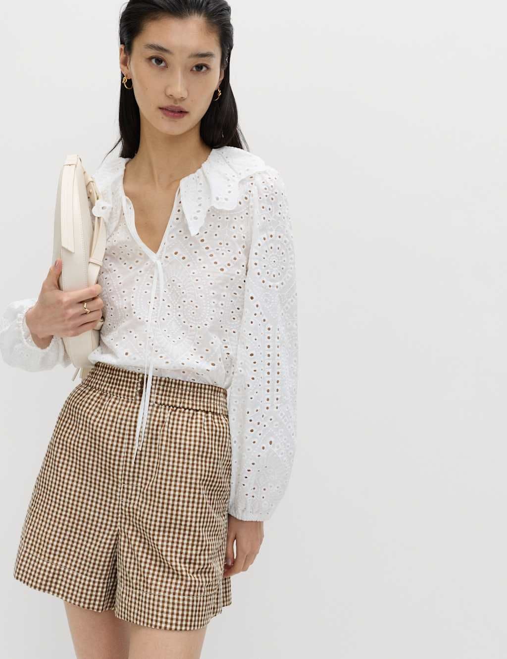Marks & Spencer M&S Gingham High Waisted Shorts Brown