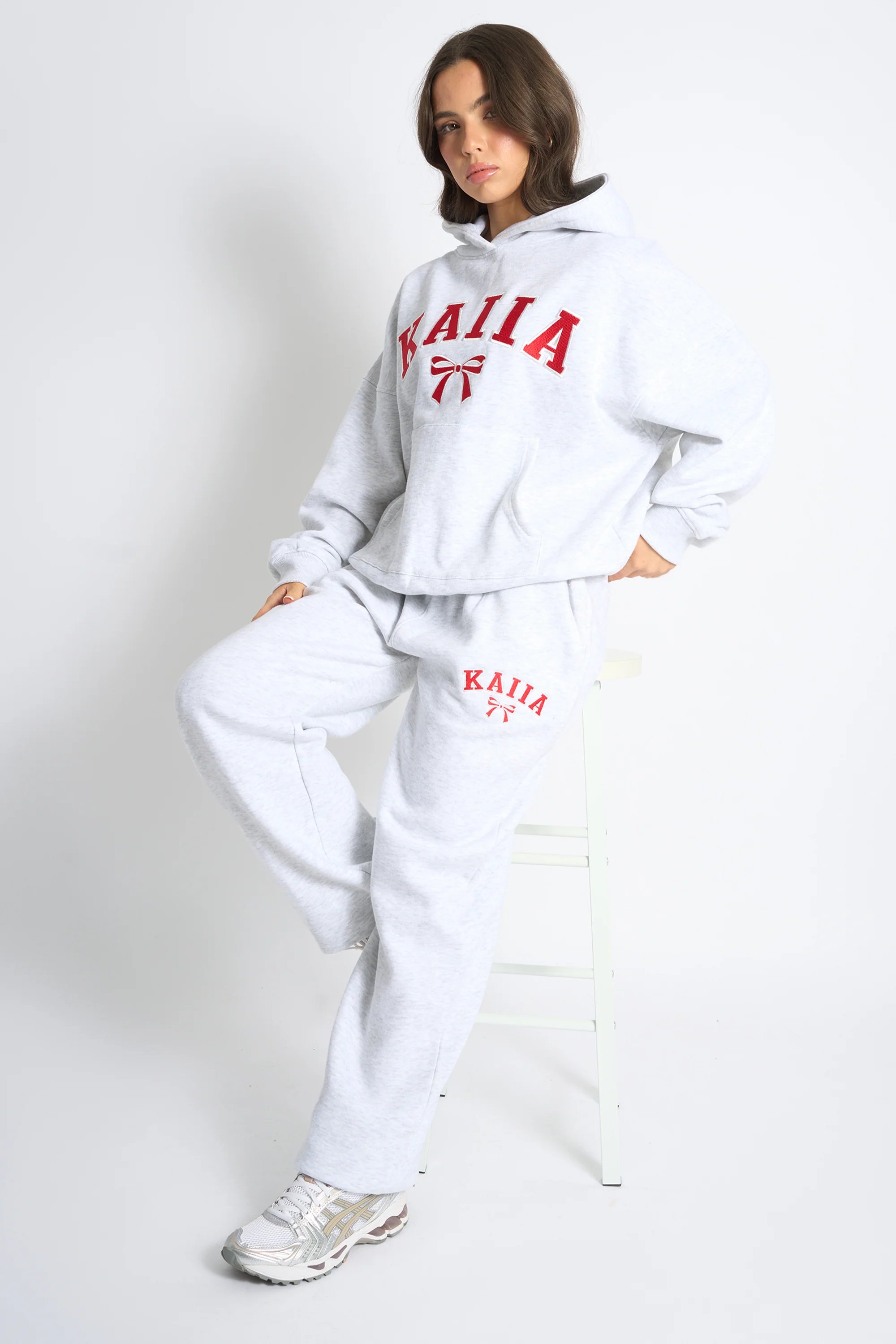 Kaiia Kaiia Bow Embroidered Ribbed Waistband Wide Leg Joggers Light Grey Marl & Red - 1