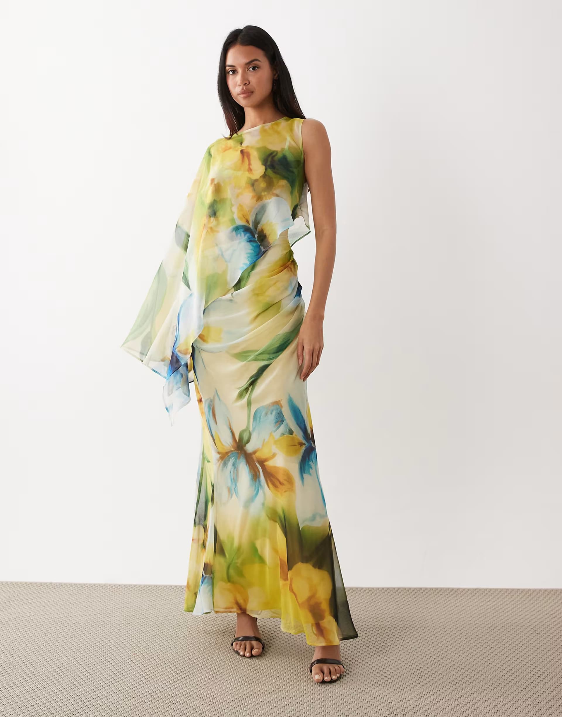 ASOS ASOS DESIGN draped batwing asymmetric one sleeve maxi dress in blue floral print