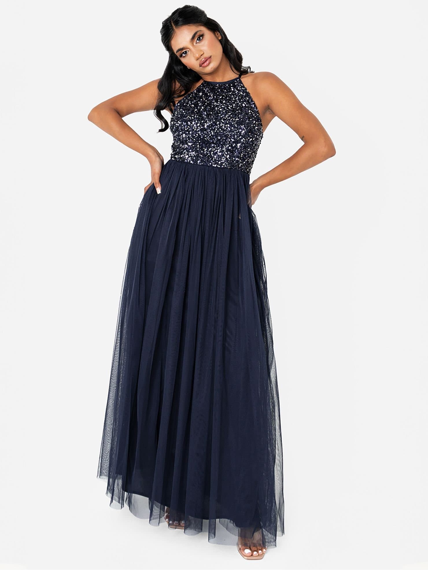 Maya Deluxe Maya Deluxe Women's Embellished Halter Neck Maxi Dress in Dark Navy
