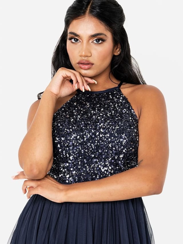 Maya Deluxe Maya Deluxe Women's Embellished Halter Neck Maxi Dress in Dark Navy - 2