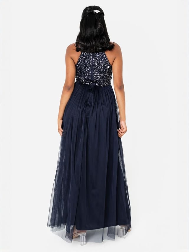 Maya Deluxe Maya Deluxe Women's Embellished Halter Neck Maxi Dress in Dark Navy - 3