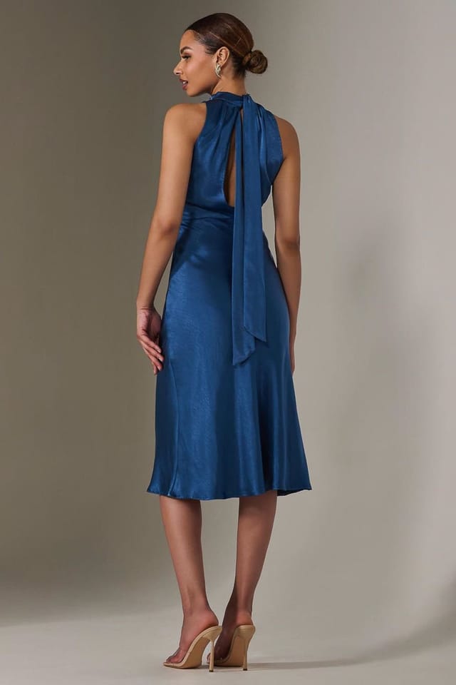 Jolie Moi Jolie Moi Women's Satin Halter Neck Midi Dress in Navy - 2