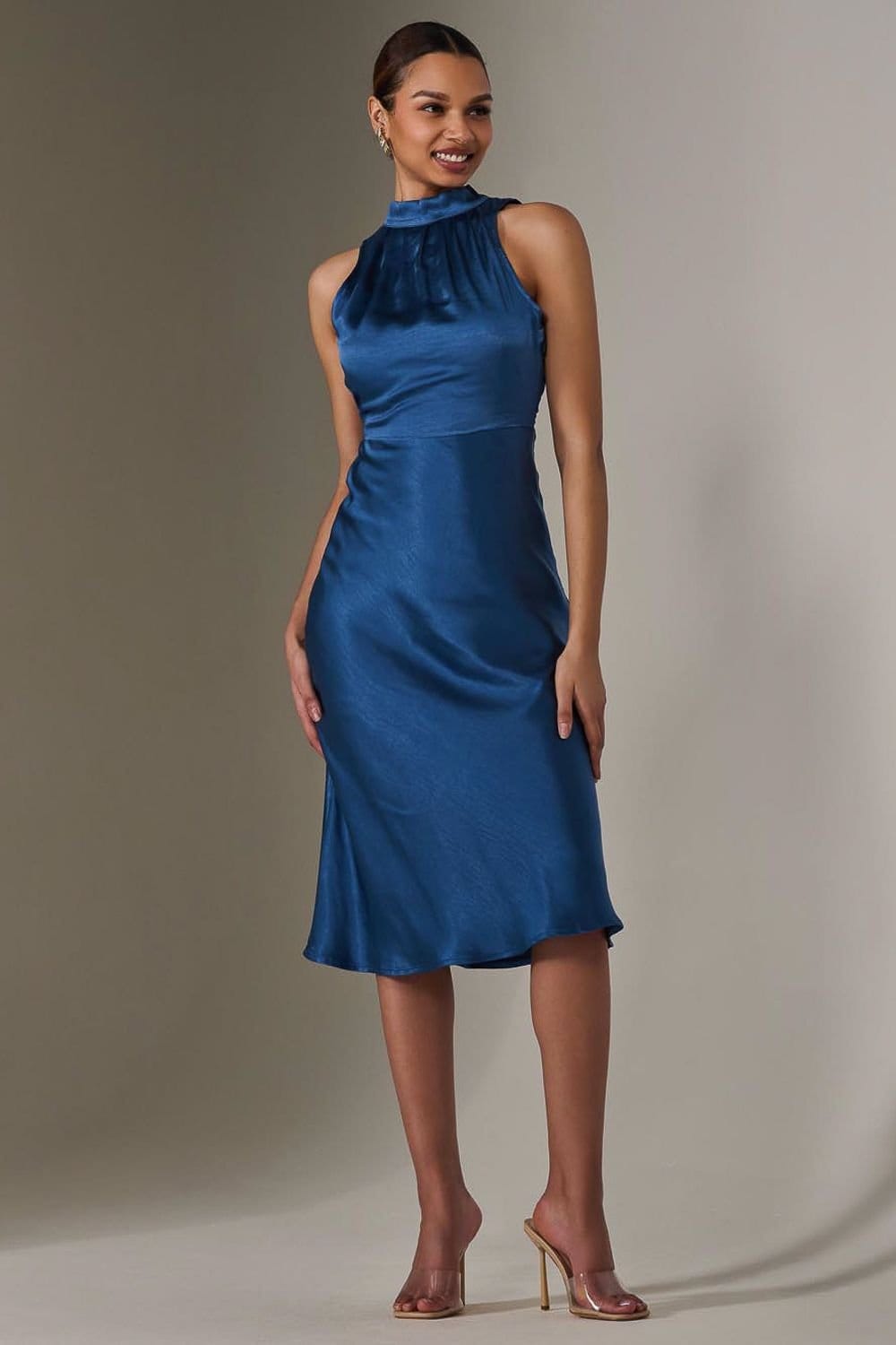 Jolie Moi Jolie Moi Women's Satin Halter Neck Midi Dress in Navy - 4