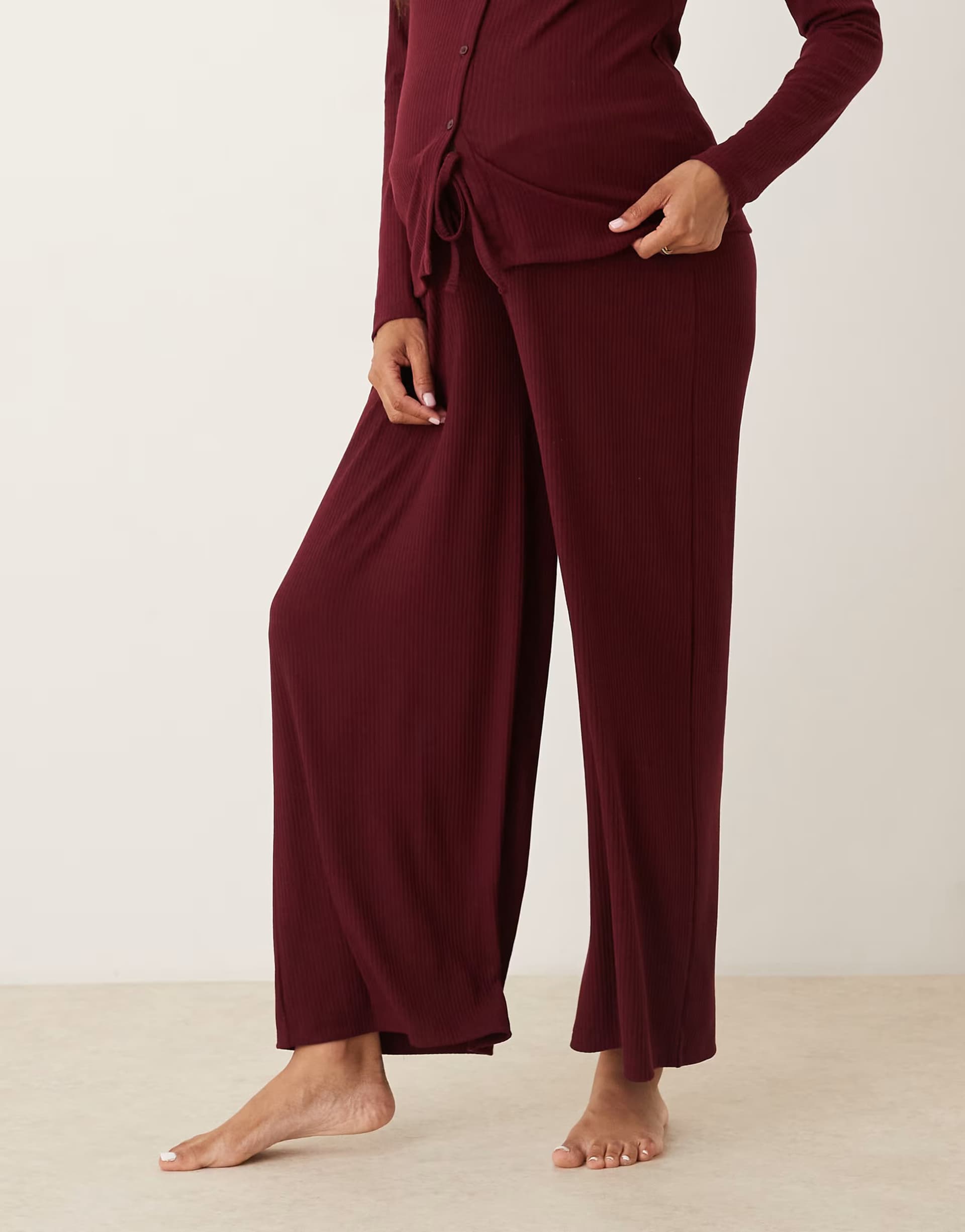 ASOS ASOS DESIGN Maternity lounge mix & match rib wide leg trouser in burgundy