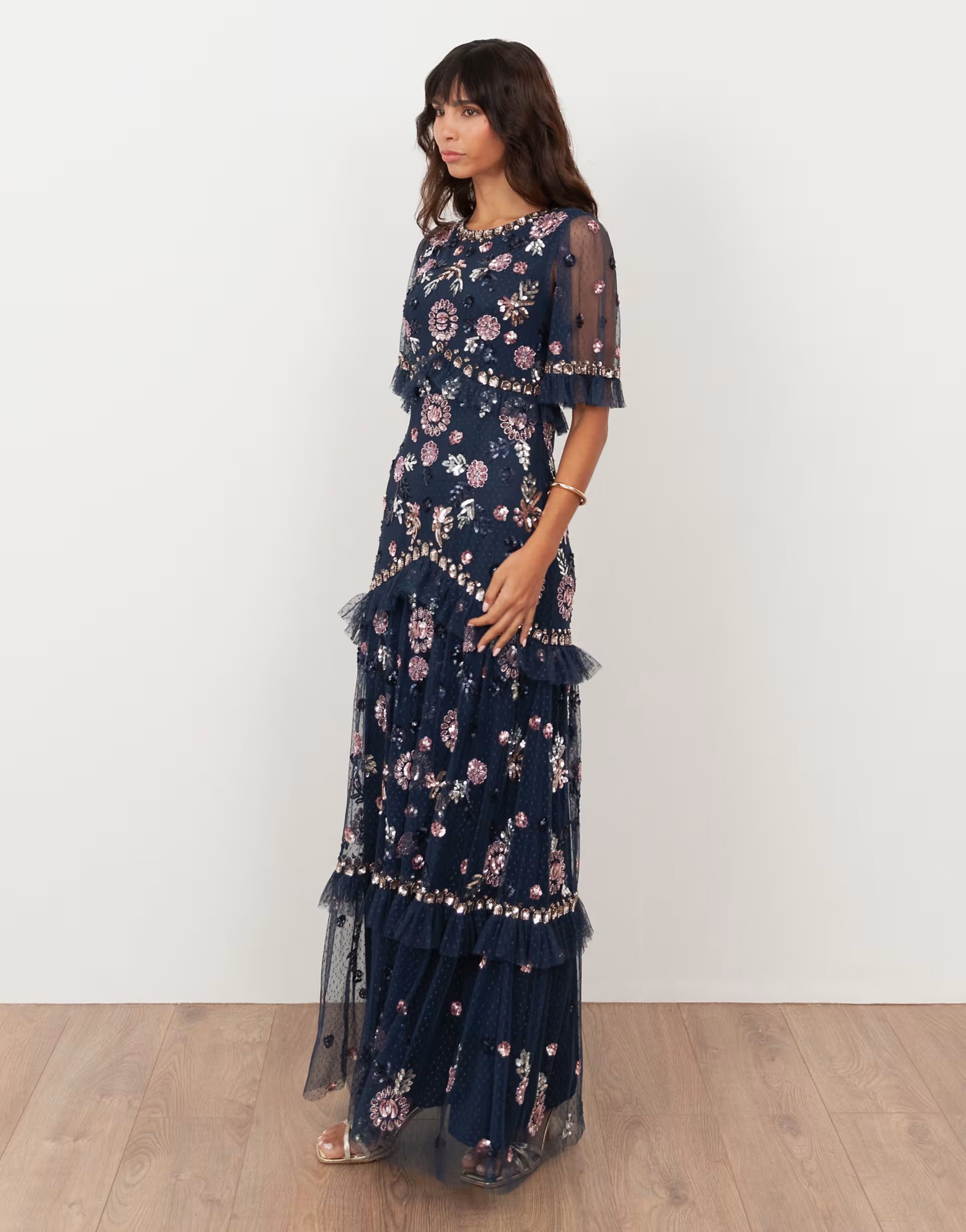 ASOS Maya Embellished short sleeve spot mesh maxi dress in navy - 1
