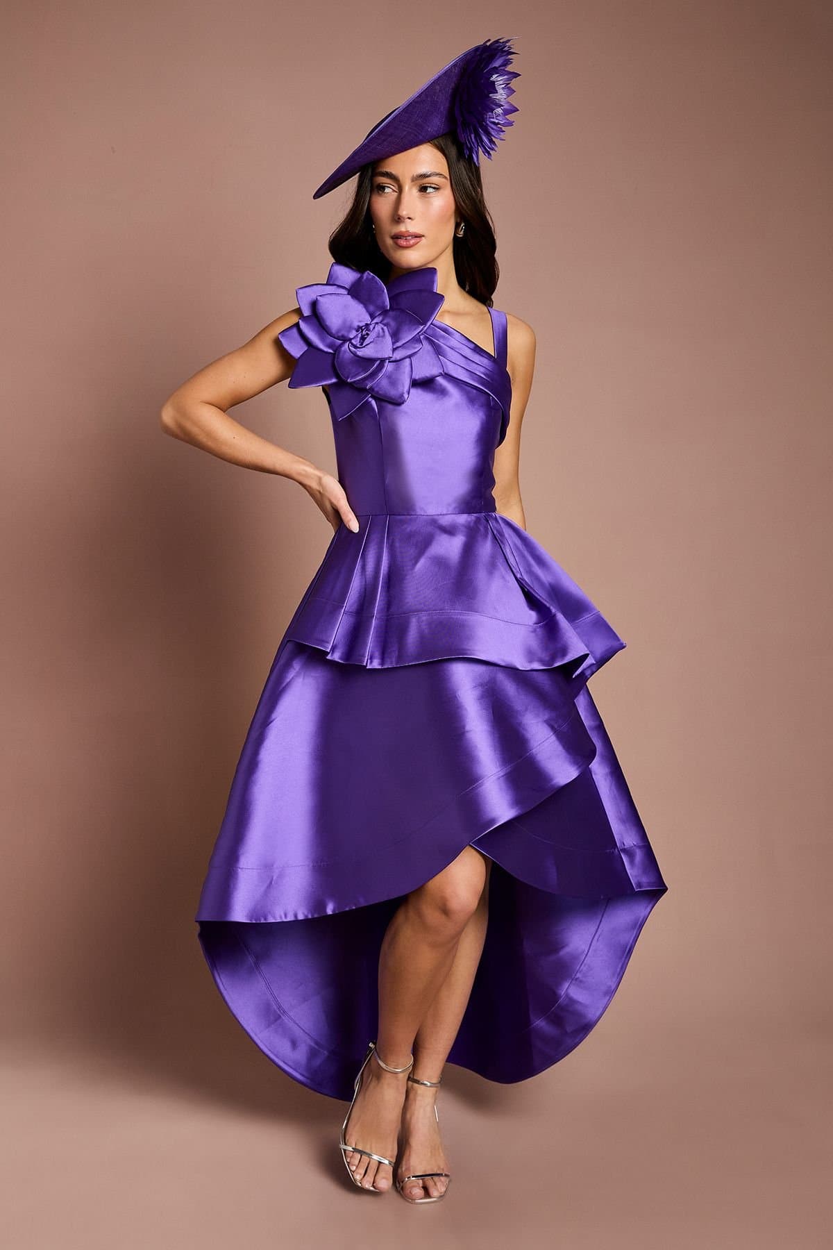 Coast Coast Women's Lisa Tan 3D Corsage One Shoulder Twill Midi Dress in Purple