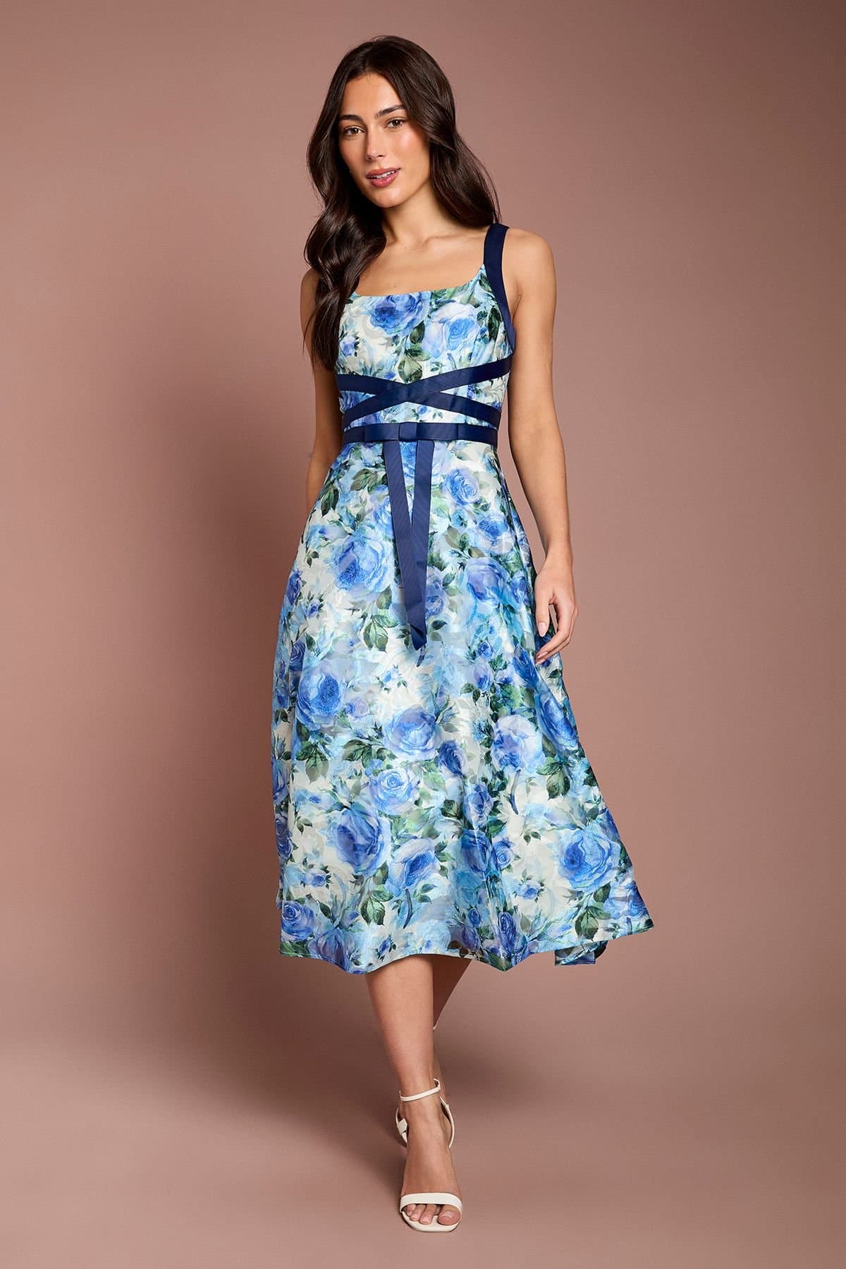 Coast Coast Women's Cross Front Floral Jacquard Midi Dress in Blue