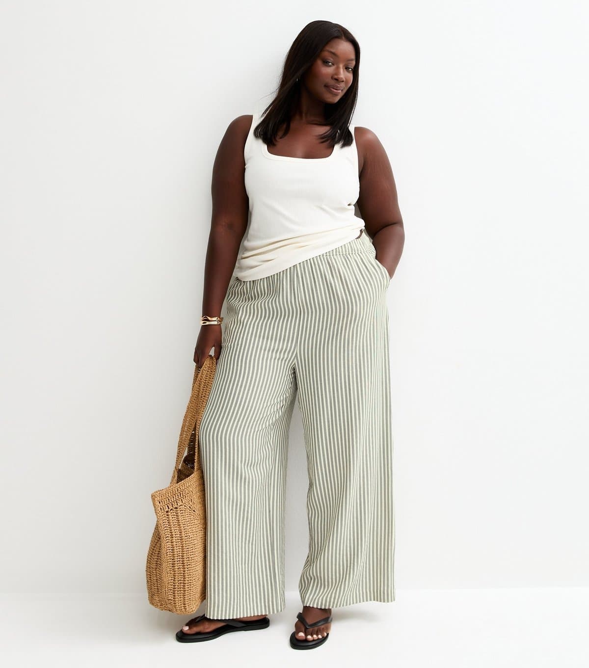 New Look Women's Plus Size Cream Seersucker Striped Wide Leg Trousers Curves New Look