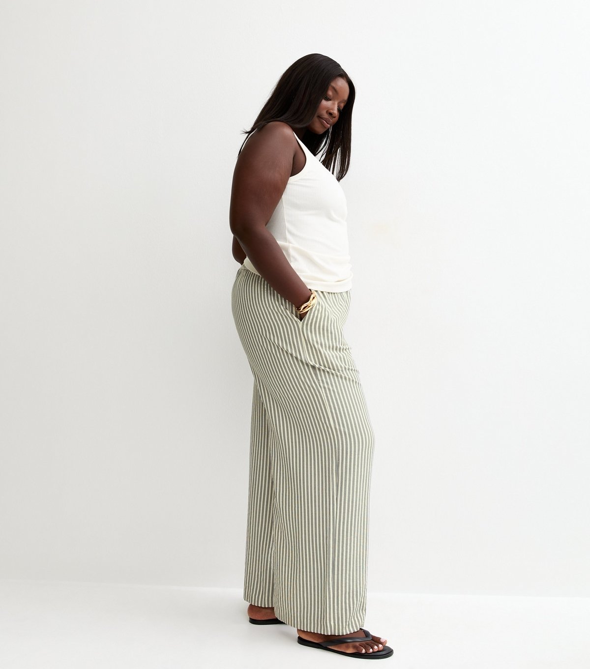 New Look Women's Plus Size Cream Seersucker Striped Wide Leg Trousers Curves New Look - 3