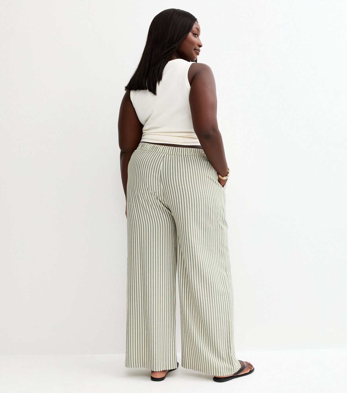 New Look Women's Plus Size Cream Seersucker Striped Wide Leg Trousers Curves New Look - 4