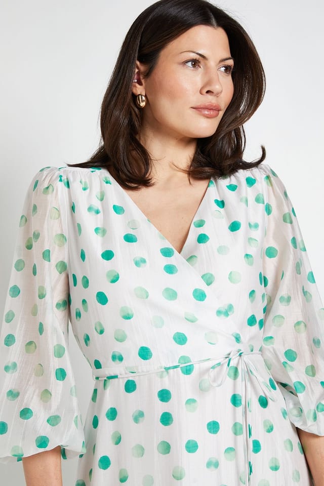 Wallis Wallis Women's Polka Dot Ruffle Wrap Midi Dress in Green - 2