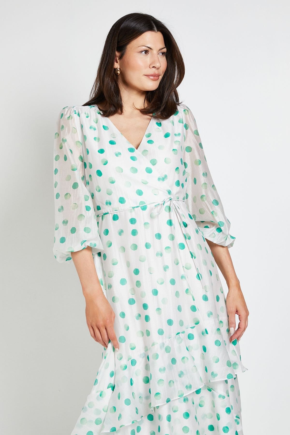 Wallis Wallis Women's Polka Dot Ruffle Wrap Midi Dress in Green - 4