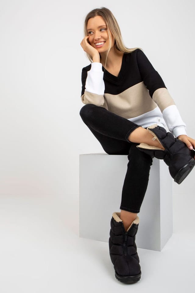 Love Lace Love Lace Women's Cotton V Neck Color Trim Sweatshirt in Beige - 2